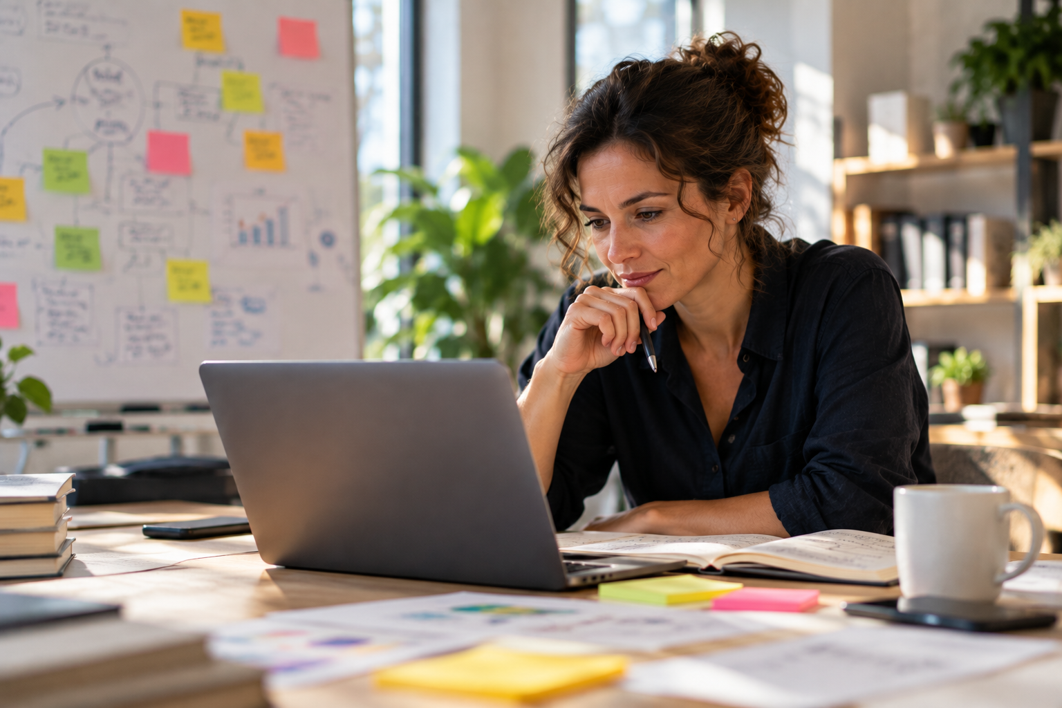 Donna pensierosa al lavoro in ufficio